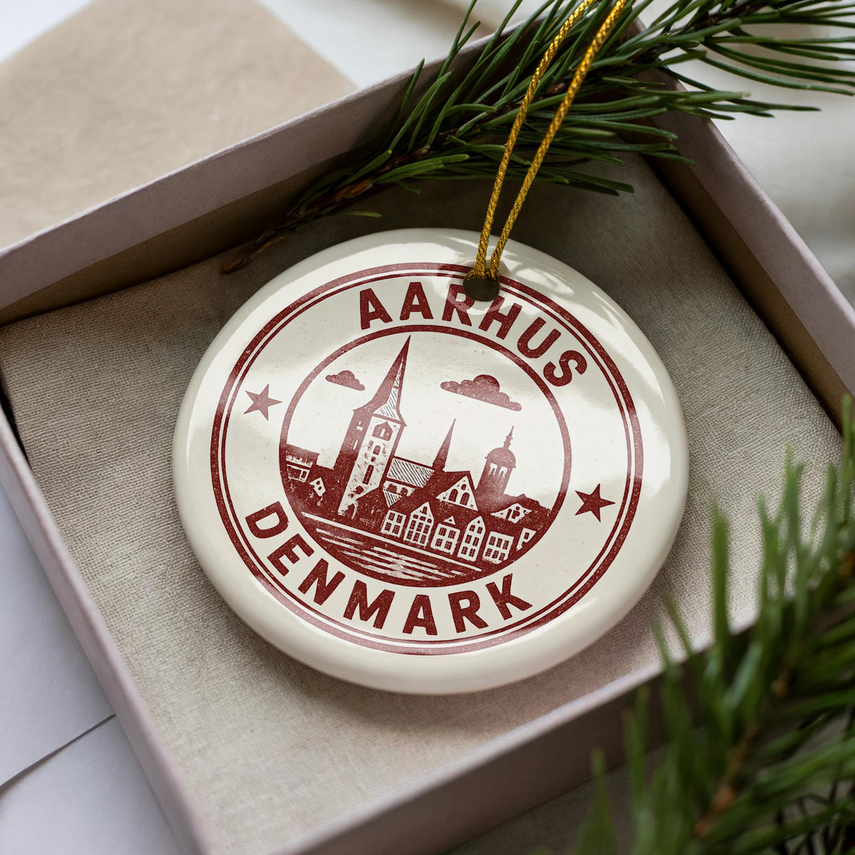 Aarhus Denmark Ceramic Ornament – Vintage Circular Stamp Style City Art, Scandinavian Travel Souvenir Gift — photo 3