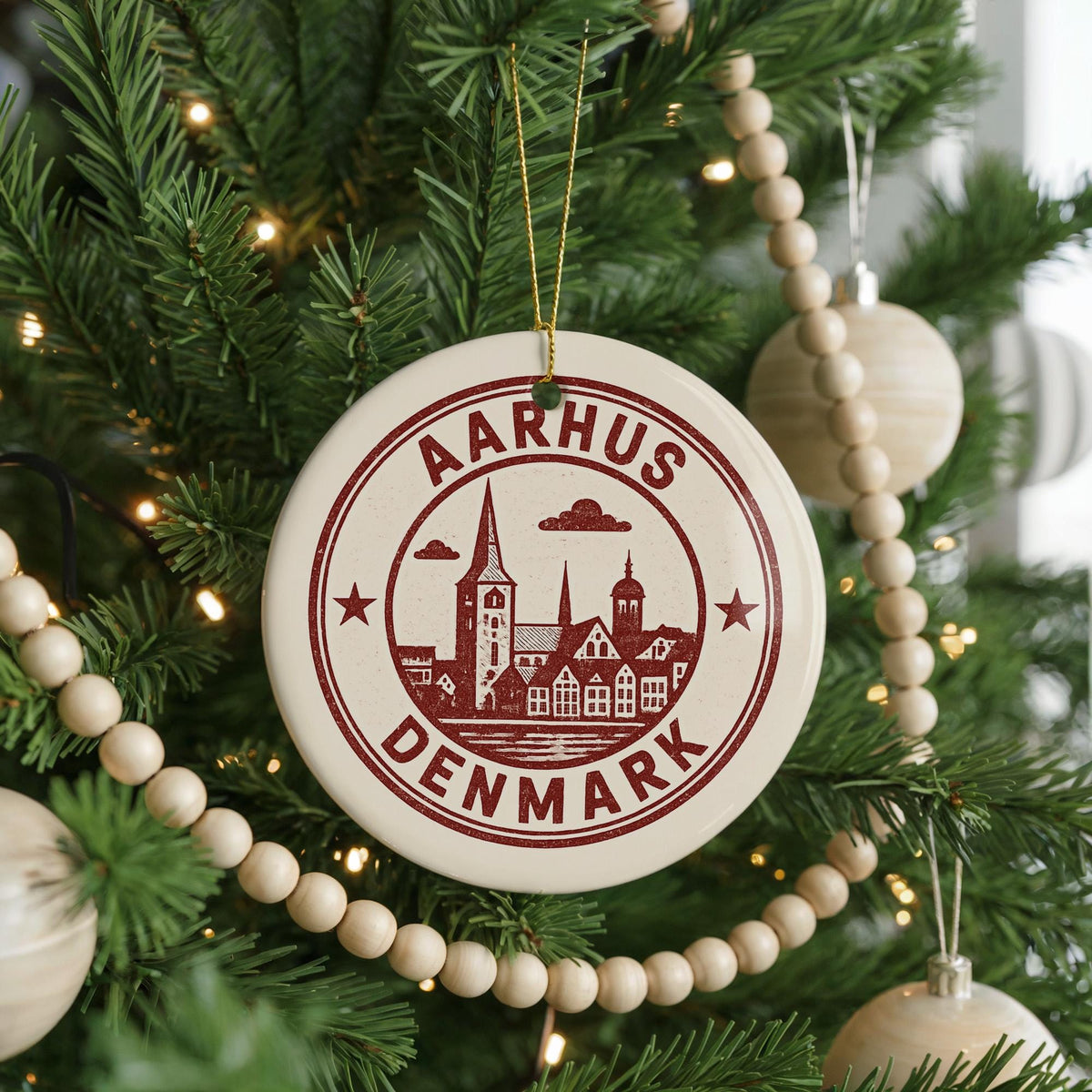Aarhus Denmark Ceramic Ornament – Vintage Circular Stamp Style City Art, Scandinavian Travel Souvenir Gift — photo 4