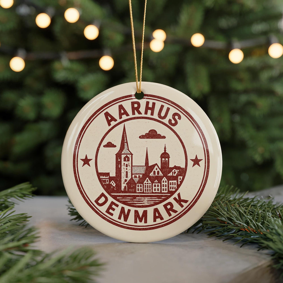 Aarhus Denmark Ceramic Ornament – Vintage Circular Stamp Style City Art, Scandinavian Travel Souvenir Gift — photo 5