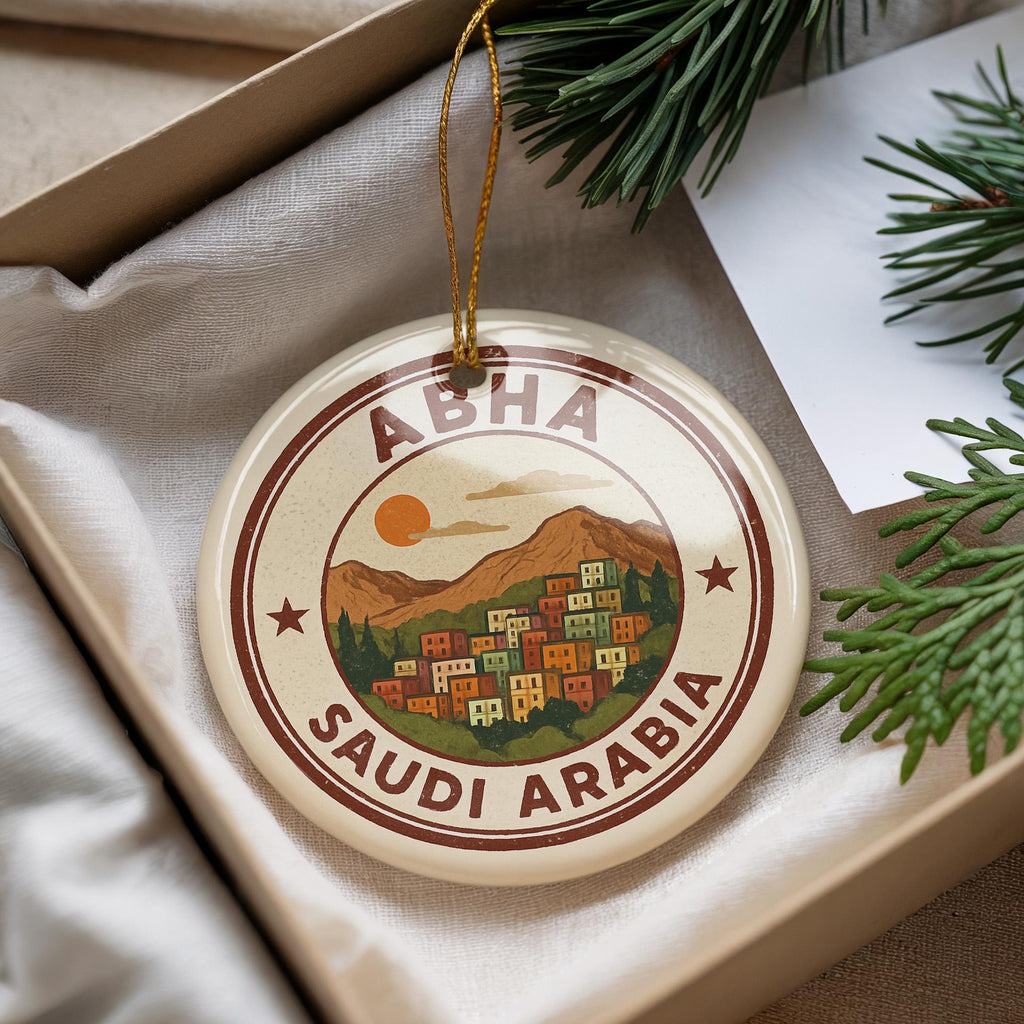 Abha Saudi Arabia Ornament – Circular Stamp Style Ceramic Keepsake, Travel Souvenir, Middle Eastern Home Decor Gift — photo 1