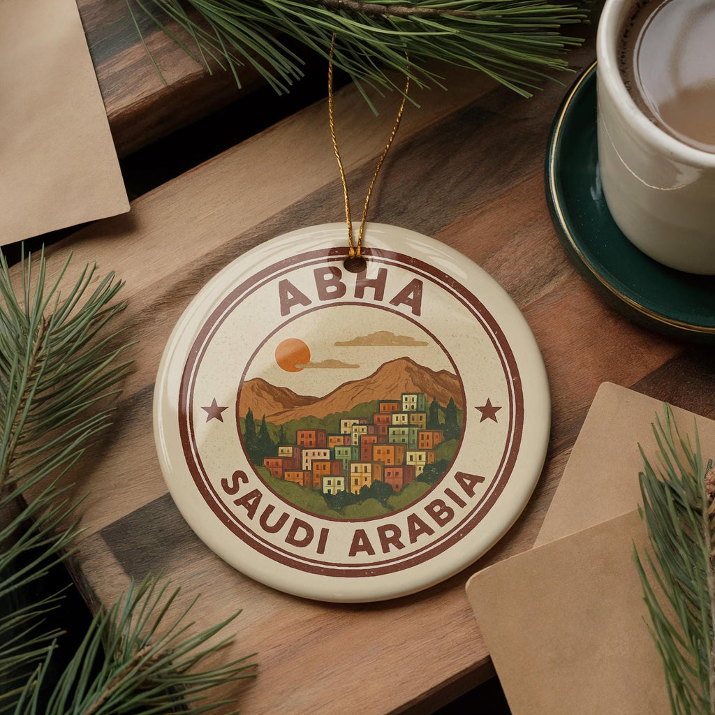 Abha Saudi Arabia Ornament – Circular Stamp Style Ceramic Keepsake, Travel Souvenir, Middle Eastern Home Decor Gift — photo 2