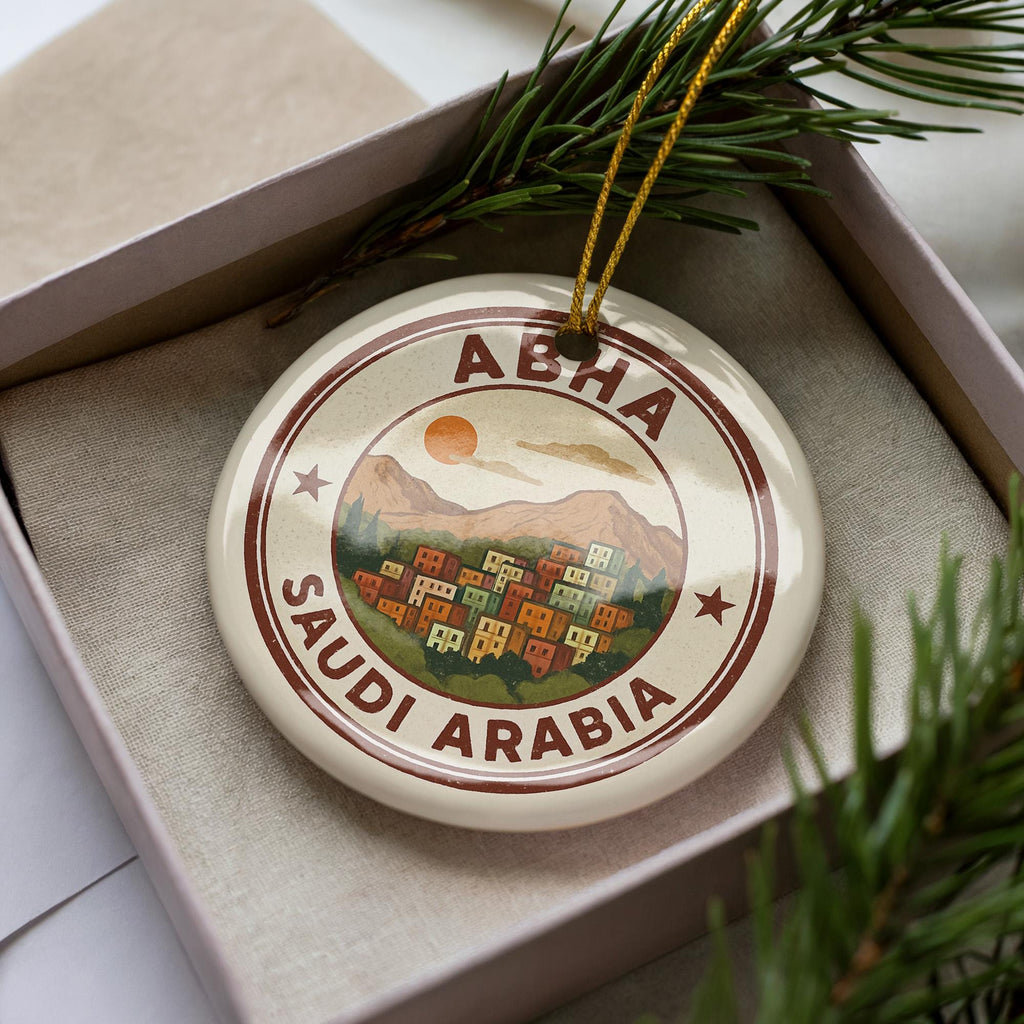 Abha Saudi Arabia Ornament – Circular Stamp Style Ceramic Keepsake, Travel Souvenir, Middle Eastern Home Decor Gift — photo 3