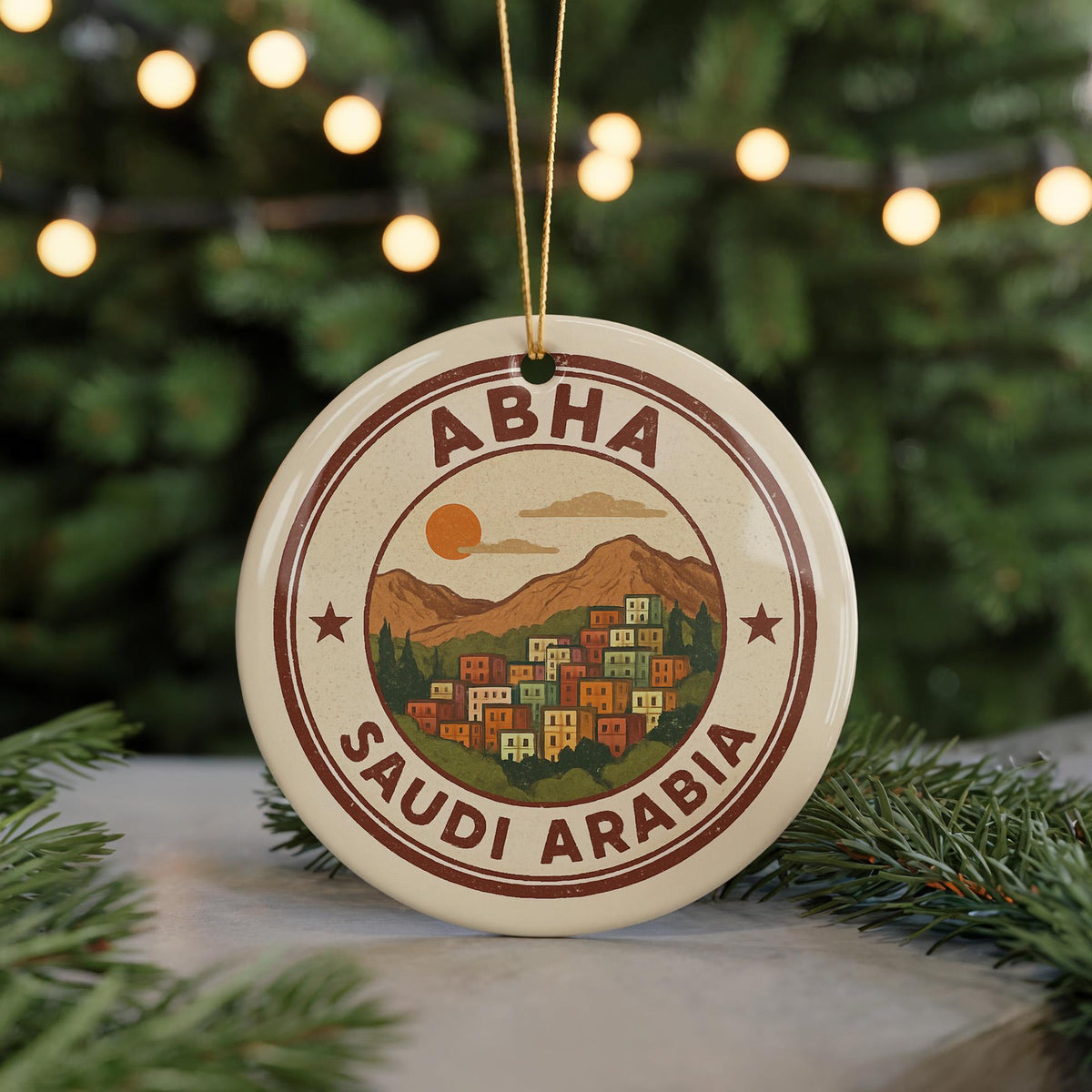 Abha Saudi Arabia Ornament – Circular Stamp Style Ceramic Keepsake, Travel Souvenir, Middle Eastern Home Decor Gift — photo 5