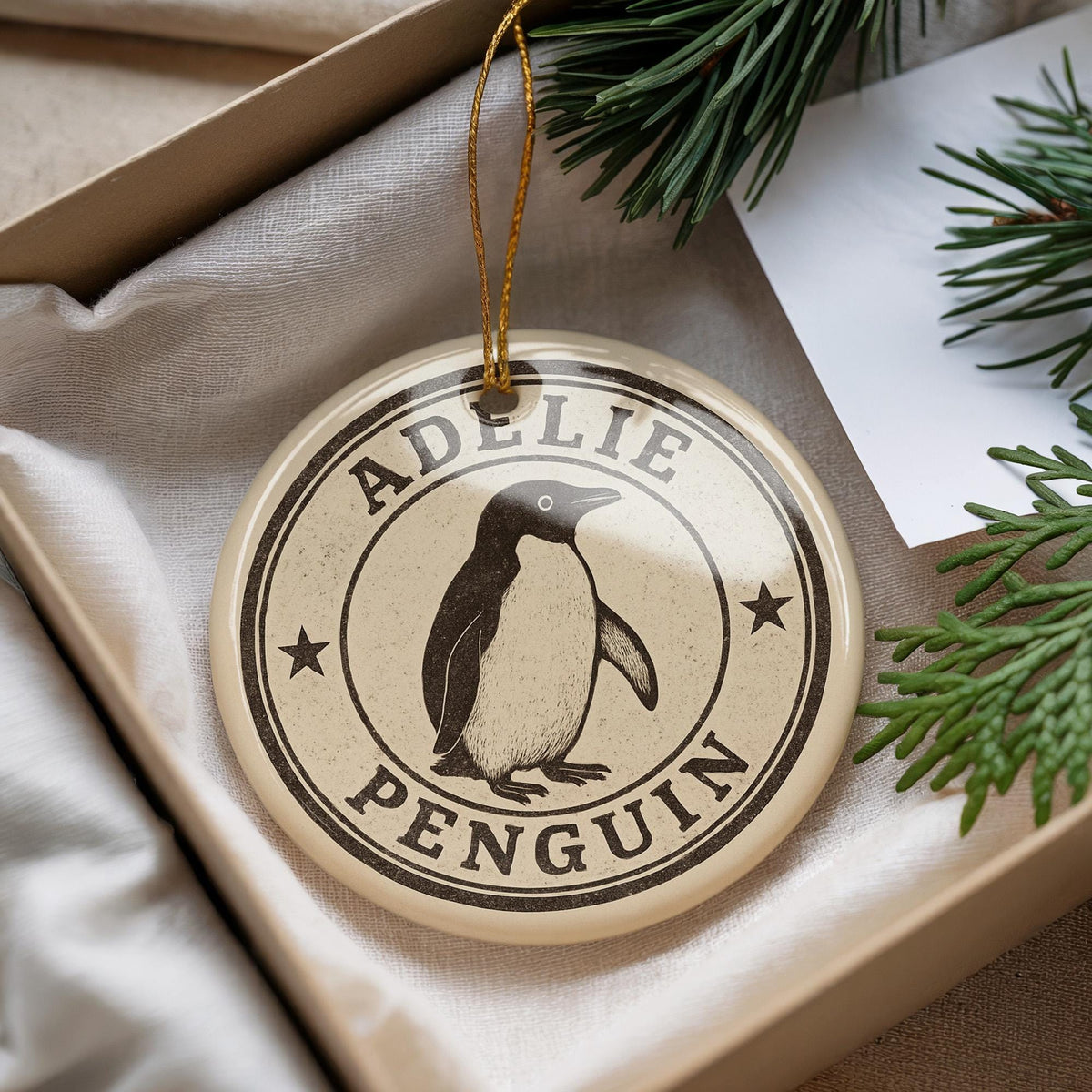 Adelie Penguin Ceramic Ornament – Round Stamp Style Art, Arctic Wildlife Christmas Decor, Handcrafted Winter Gift — photo 1