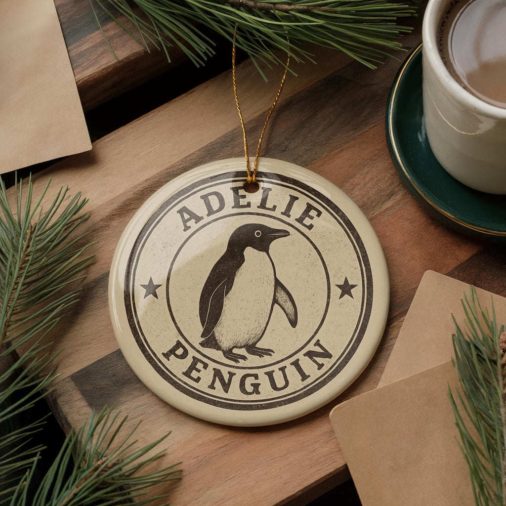 Adelie Penguin Ceramic Ornament – Round Stamp Style Art, Arctic Wildlife Christmas Decor, Handcrafted Winter Gift — photo 3