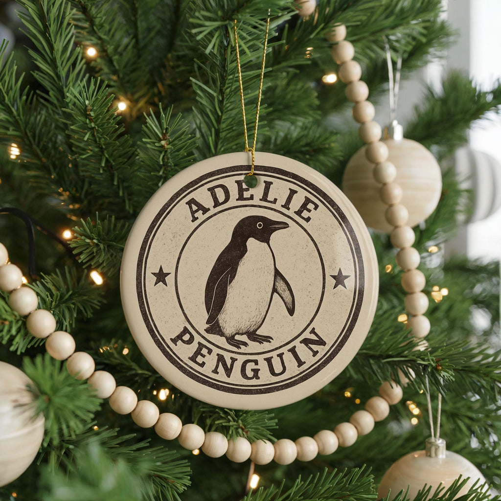Adelie Penguin Ceramic Ornament – Round Stamp Style Art, Arctic Wildlife Christmas Decor, Handcrafted Winter Gift — photo 4