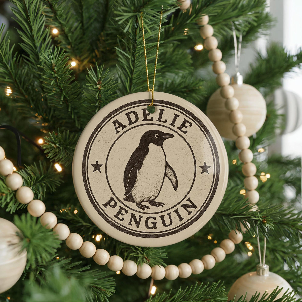 Adelie Penguin Ceramic Ornament – Round Stamp Style Art, Arctic Wildlife Christmas Decor, Handcrafted Winter Gift — photo 4