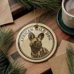 African Wild Dog Ceramic Ornament – Round Wildlife Art Stamp Design – Safari Animal Christmas Tree Decoration Gift — photo 1