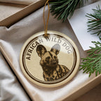 African Wild Dog Ceramic Ornament – Round Wildlife Art Stamp Design – Safari Animal Christmas Tree Decoration Gift — photo 2