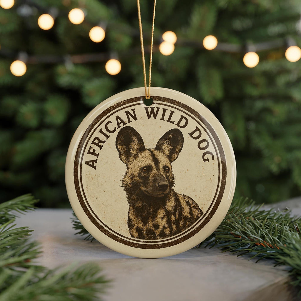 African Wild Dog Ceramic Ornament – Round Wildlife Art Stamp Design – Safari Animal Christmas Tree Decoration Gift — photo 5