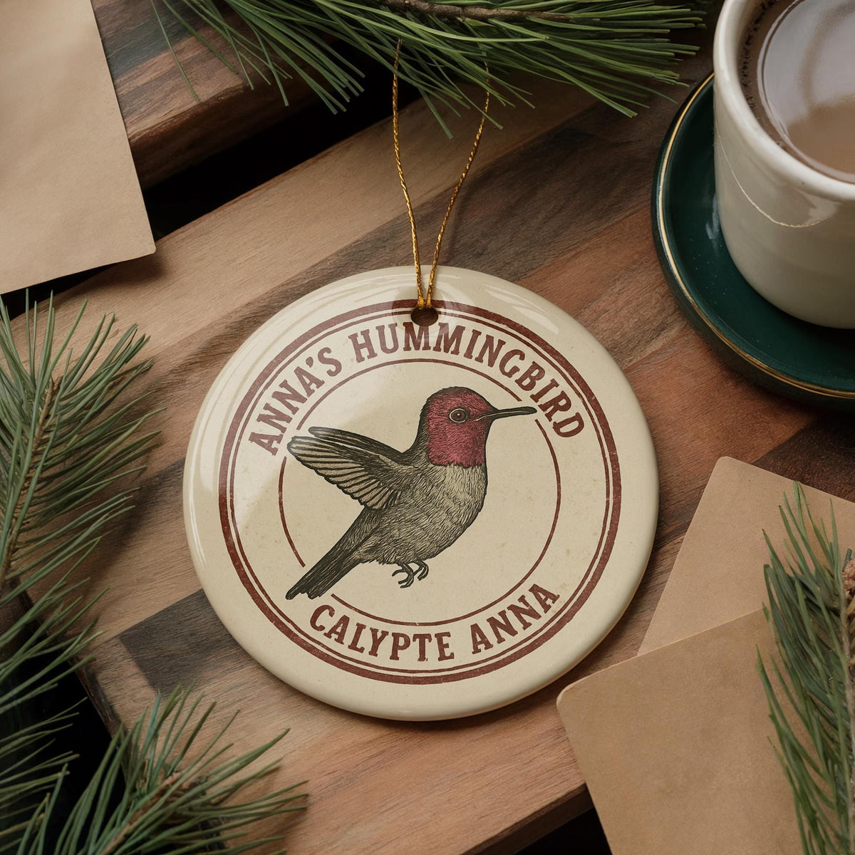 Annas Hummingbird Ceramic Ornament – Circular Stamp Style Bird Art – Nature Lover Gift – Handcrafted Holiday Decor — photo 1
