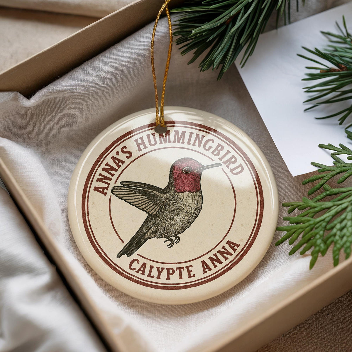 Annas Hummingbird Ceramic Ornament – Circular Stamp Style Bird Art – Nature Lover Gift – Handcrafted Holiday Decor — photo 2