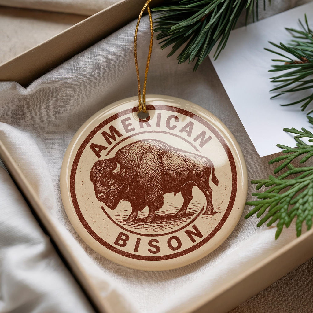 American Bison Ceramic Ornament – Rustic Circular Stamp Style Buffalo Art – Western Wildlife Holiday Decor Gift — photo 1