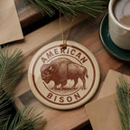 American Bison Ceramic Ornament – Rustic Circular Stamp Style Buffalo Art – Western Wildlife Holiday Decor Gift — photo 2