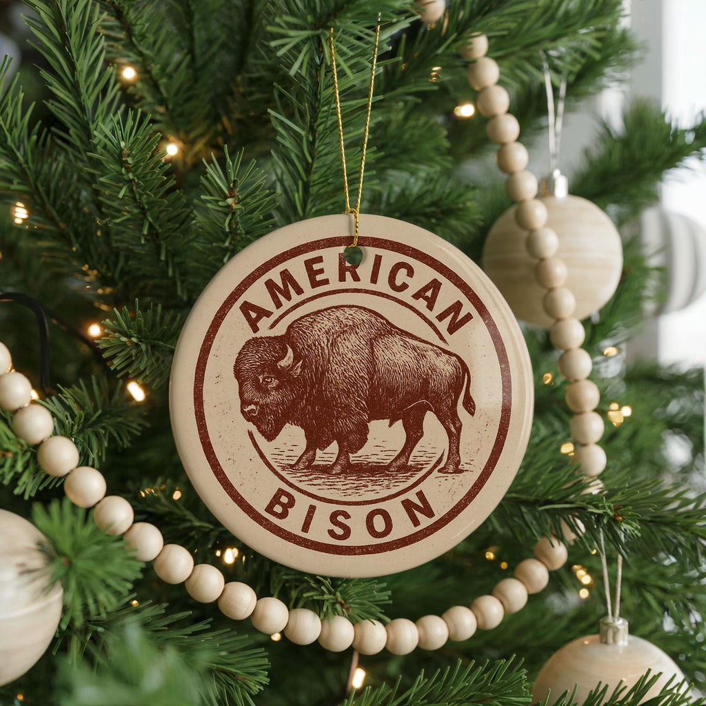 American Bison Ceramic Ornament – Rustic Circular Stamp Style Buffalo Art – Western Wildlife Holiday Decor Gift — photo 4