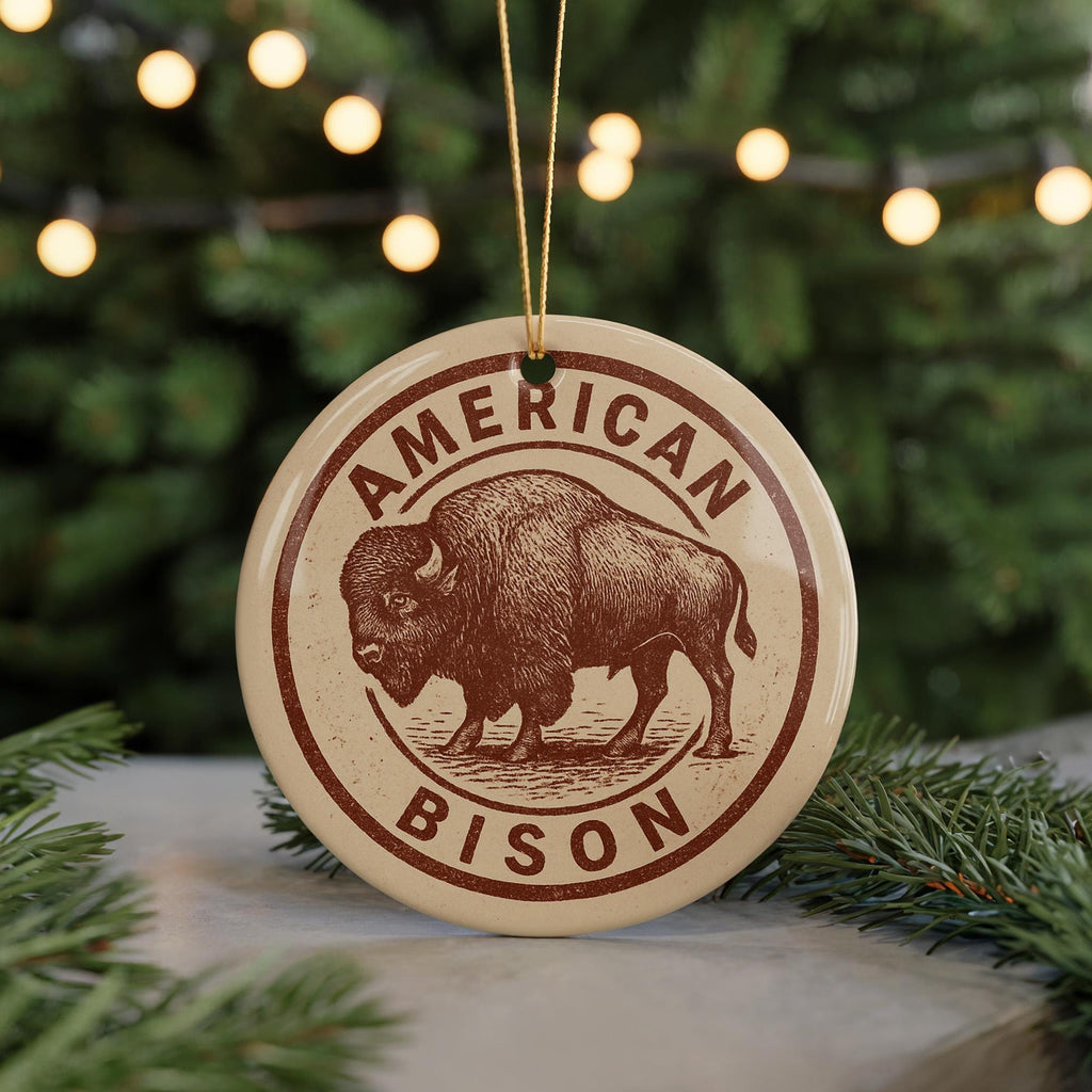 American Bison Ceramic Ornament – Rustic Circular Stamp Style Buffalo Art – Western Wildlife Holiday Decor Gift — photo 5