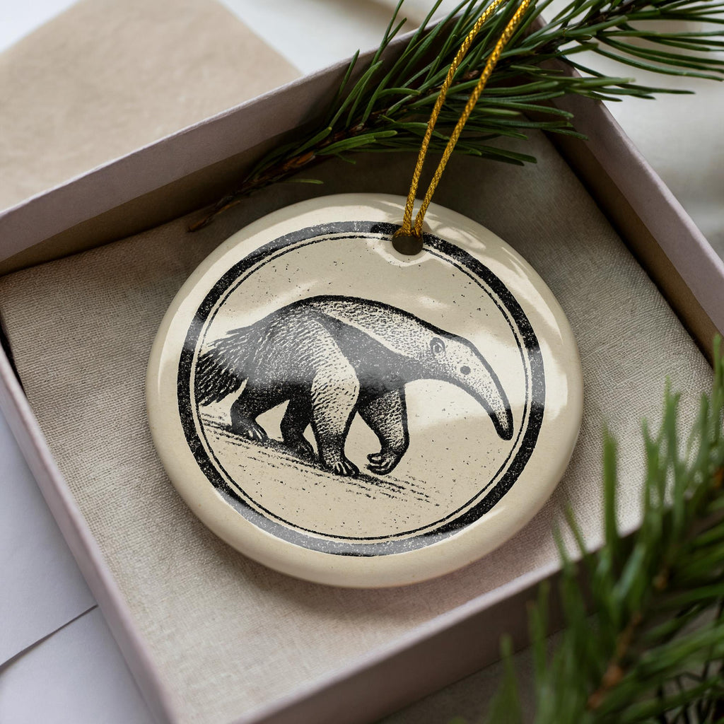 Anteater Ceramic Ornament – Circular Stamp Style Animal Art, Wildlife Christmas Tree Decoration, Unique Nature Gift — photo 1