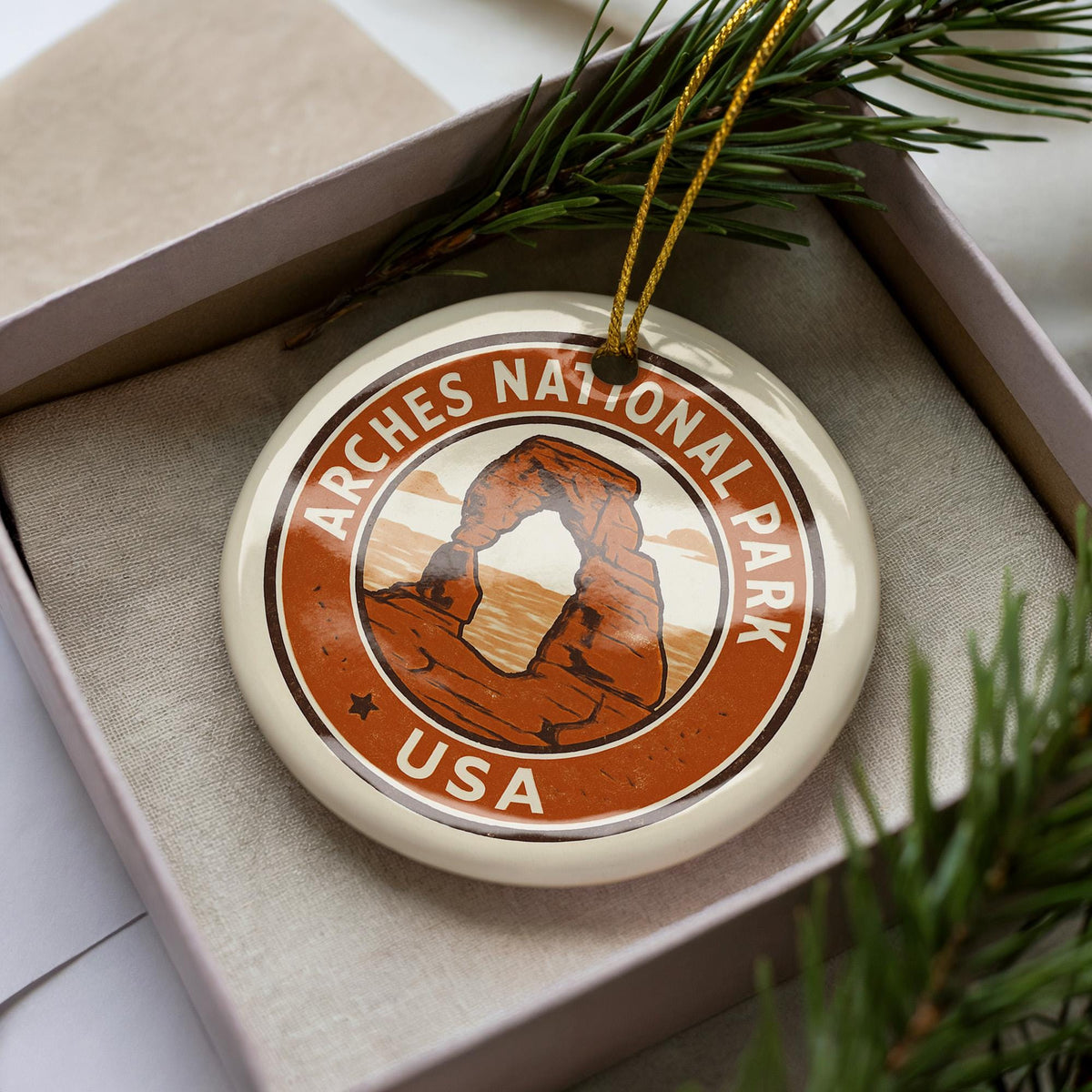 Arches National Park Ceramic Ornament – Circular Stamp Style Nature Art, Utah Souvenir, Travel Keepsake Gift — photo 1