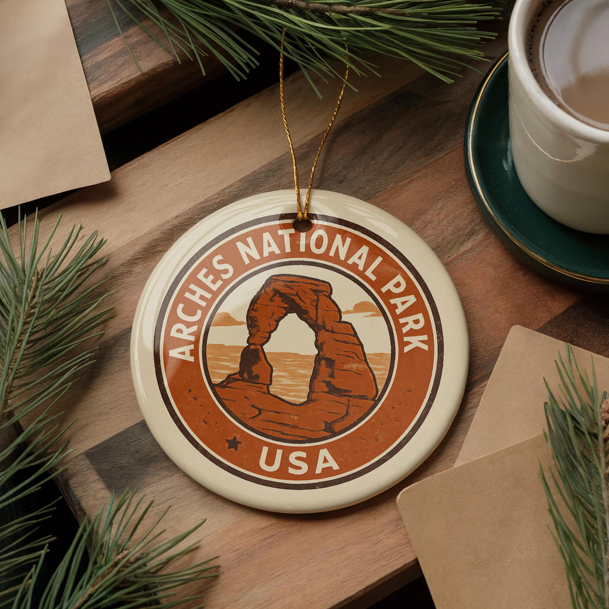 Arches National Park Ceramic Ornament – Circular Stamp Style Nature Art, Utah Souvenir, Travel Keepsake Gift — photo 2