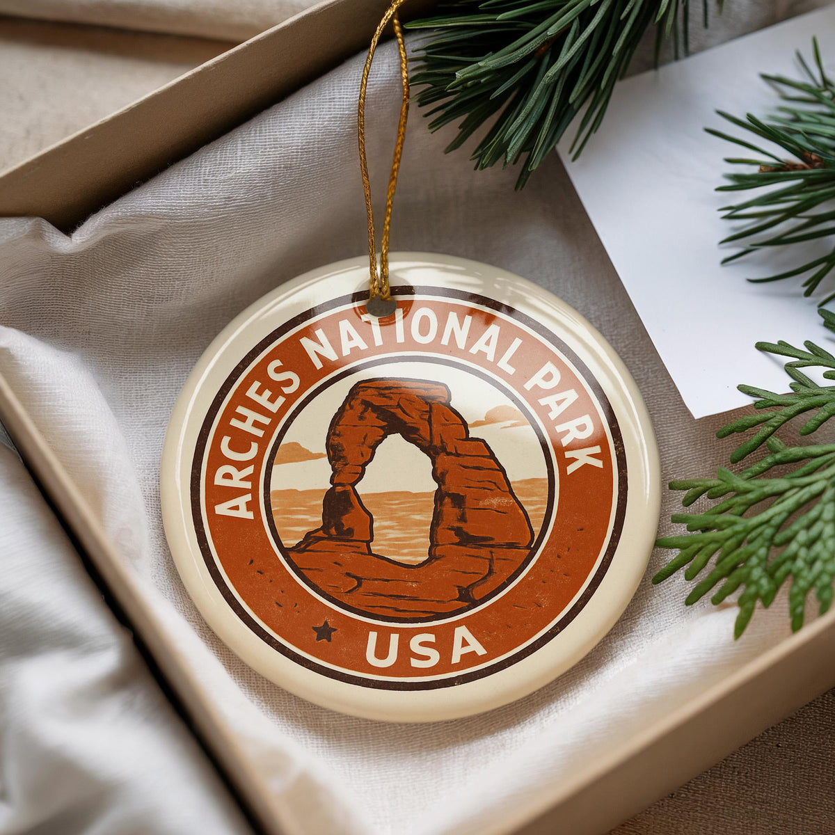 Arches National Park Ceramic Ornament – Circular Stamp Style Nature Art, Utah Souvenir, Travel Keepsake Gift — photo 3