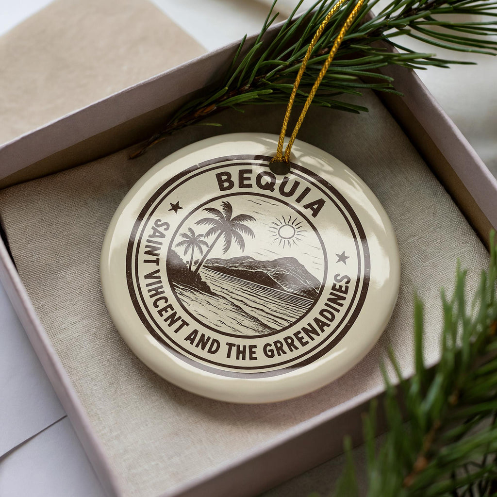 Bequia Saint Vincent Ceramic Ornament – Circular Stamp Style Island Art, Caribbean Travel Keepsake, Coastal Christmas Decor — photo 1