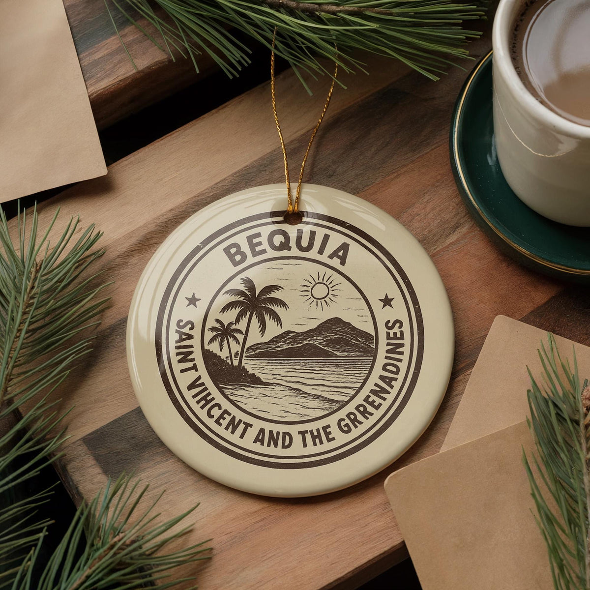 Bequia Saint Vincent Ceramic Ornament – Circular Stamp Style Island Art, Caribbean Travel Keepsake, Coastal Christmas Decor — photo 2