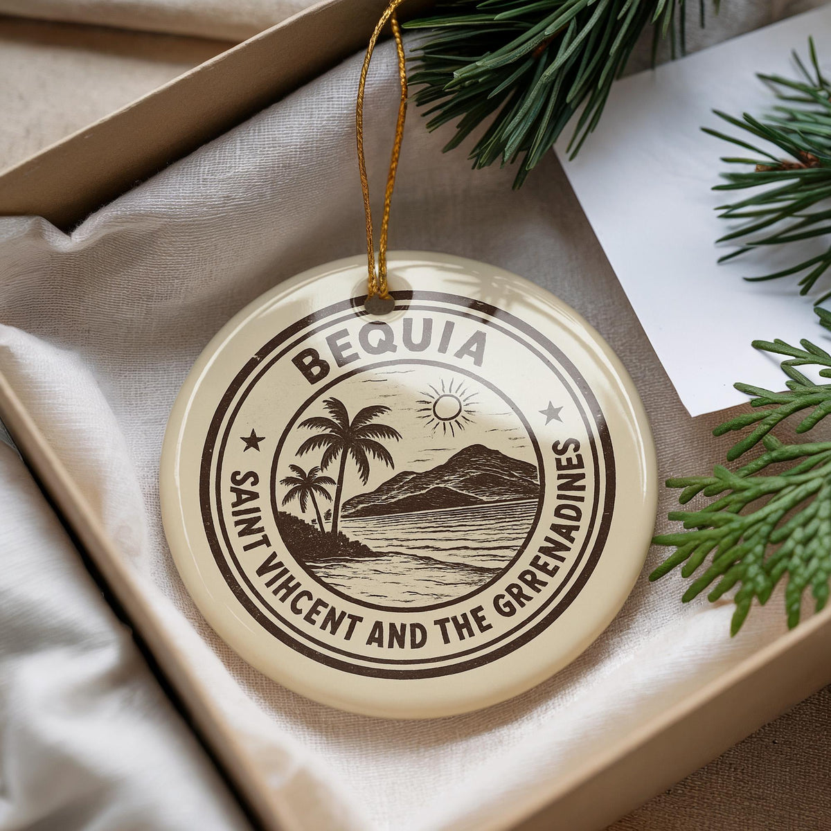 Bequia Saint Vincent Ceramic Ornament – Circular Stamp Style Island Art, Caribbean Travel Keepsake, Coastal Christmas Decor — photo 3