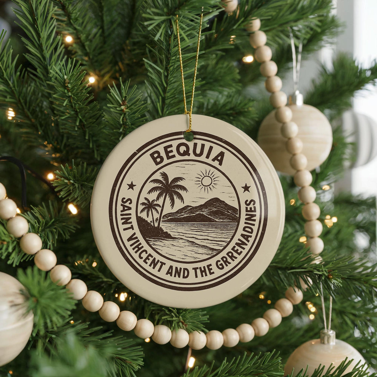 Bequia Saint Vincent Ceramic Ornament – Circular Stamp Style Island Art, Caribbean Travel Keepsake, Coastal Christmas Decor — photo 4