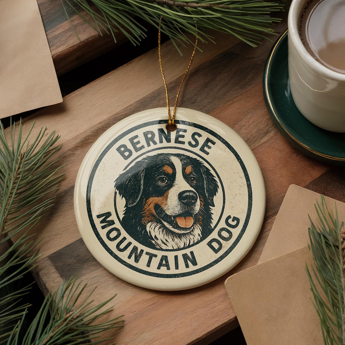 Bernese Mountain Dog Ceramic Ornament – Round Stamp Style Pet Art, Holiday Keepsake Gift for Dog Lovers, Rustic Home Decor — photo 3