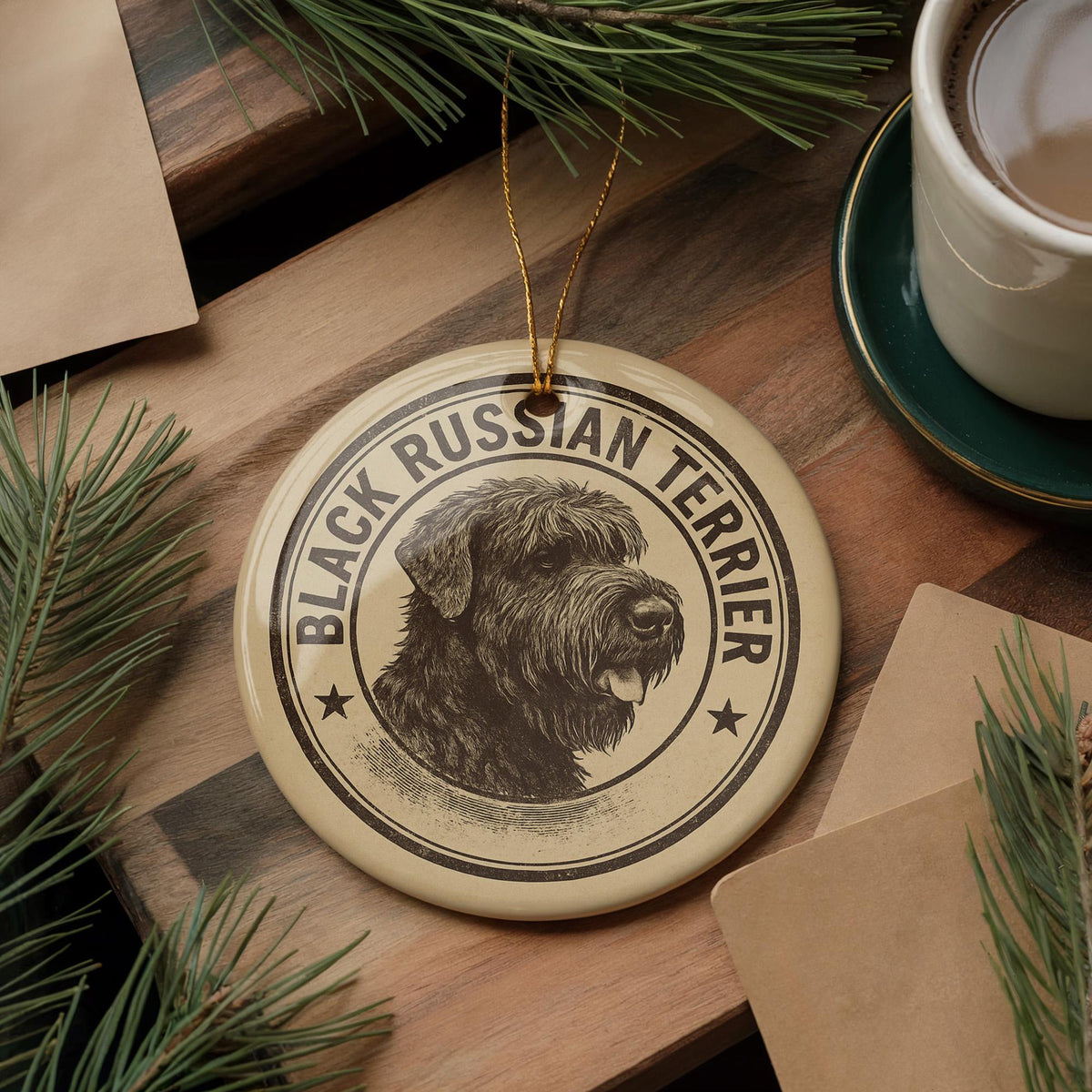 Black Russian Terrier Ornament Ceramic | Round Dog Breed Art Stamp Style | Pet Lover Gift | Christmas Tree Decor — photo 1