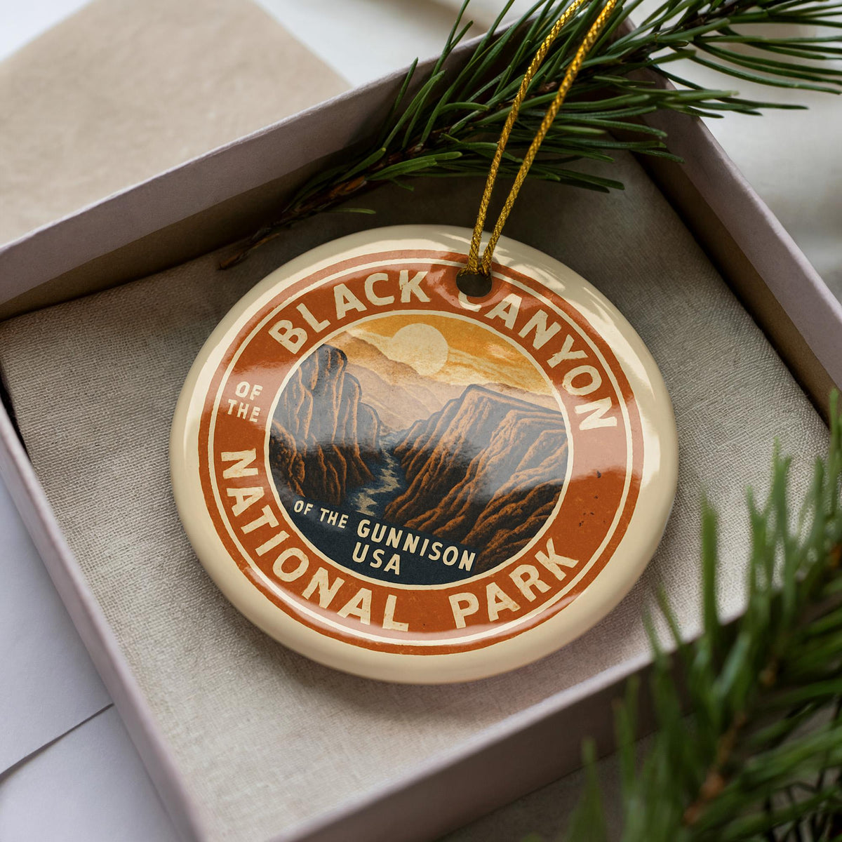 Black Canyon of the Gunnison Ceramic Ornament – Circular Stamp Style National Park Holiday Decor Keepsake — photo 2