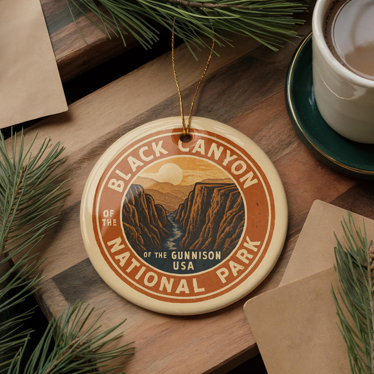 Black Canyon of the Gunnison Ceramic Ornament – Circular Stamp Style National Park Holiday Decor Keepsake — photo 3