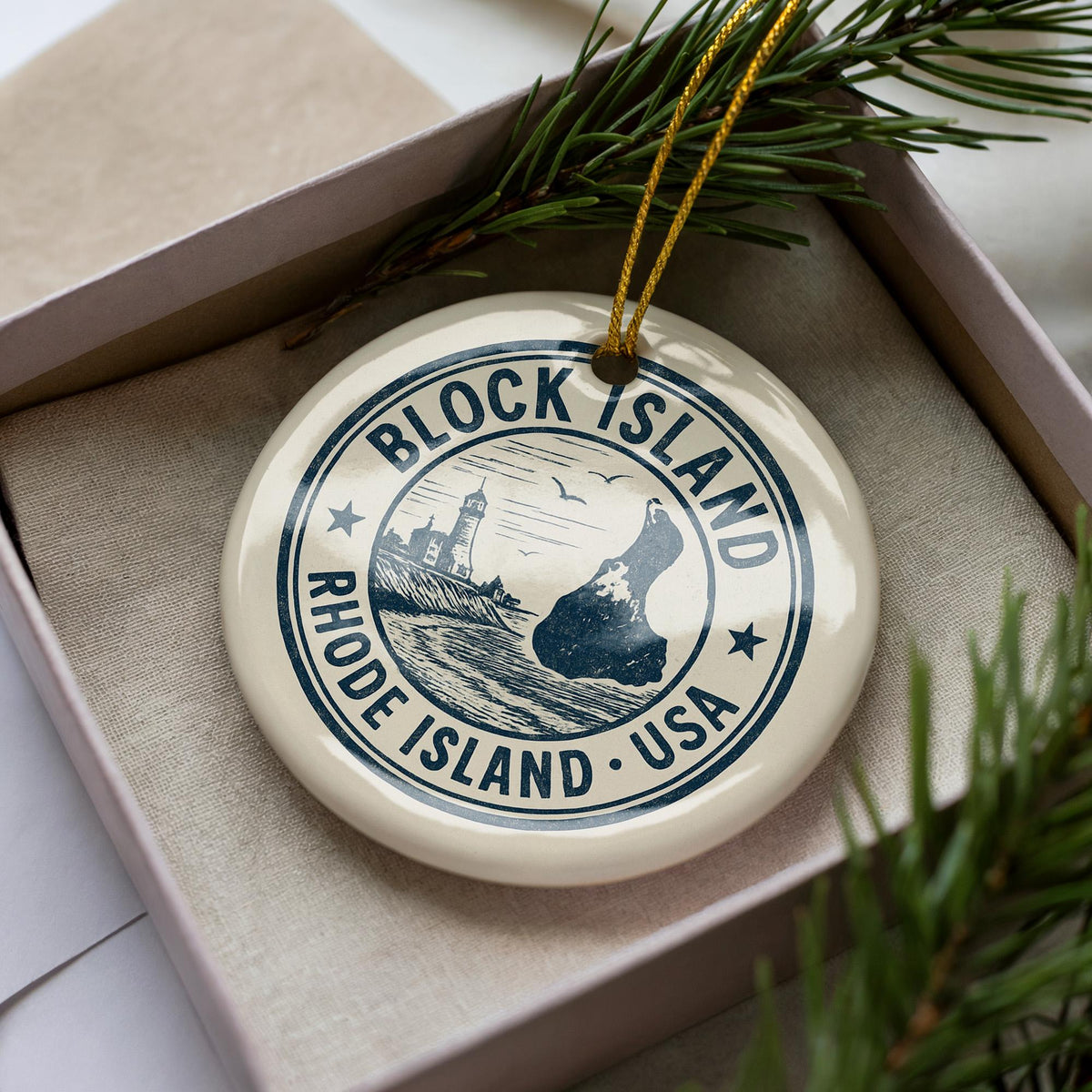 Block Island Rhode Island Ceramic Ornament – Circular Stamp Style Coastal Keepsake, Nautical Beach Holiday Decor — photo 2