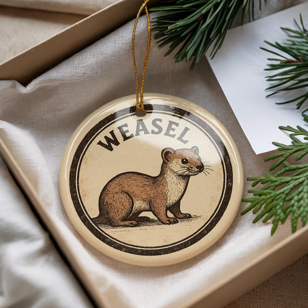 Weasel Ceramic Ornament – Rustic Circular Stamp Style Animal Art, Woodland Wildlife Christmas Tree Decoration Gift — photo 1