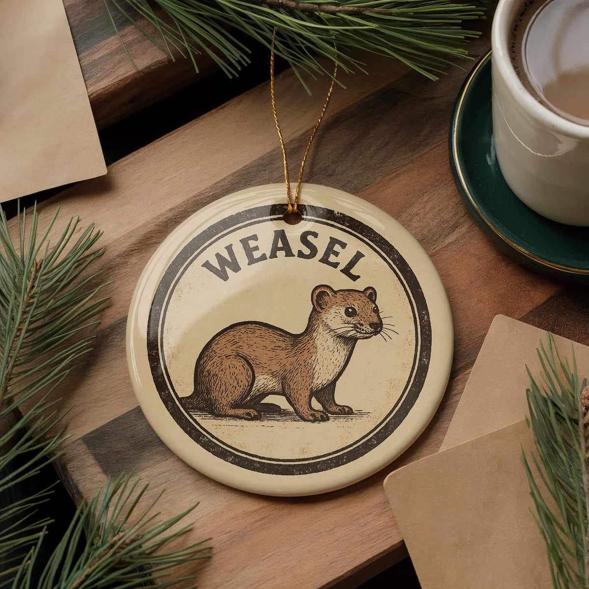 Weasel Ceramic Ornament – Rustic Circular Stamp Style Animal Art, Woodland Wildlife Christmas Tree Decoration Gift — photo 3