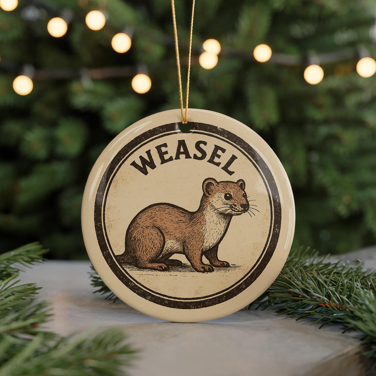 Weasel Ceramic Ornament – Rustic Circular Stamp Style Animal Art, Woodland Wildlife Christmas Tree Decoration Gift — photo 4
