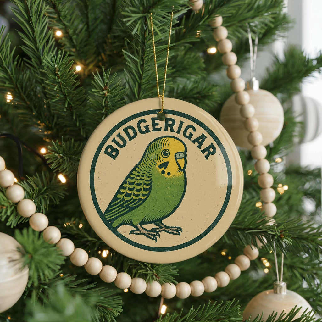 Budgerigar Ceramic Ornament – Circular Stamp Style Bird Art, Parakeet Christmas Tree Decor, Handcrafted Animal Keepsake — photo 1