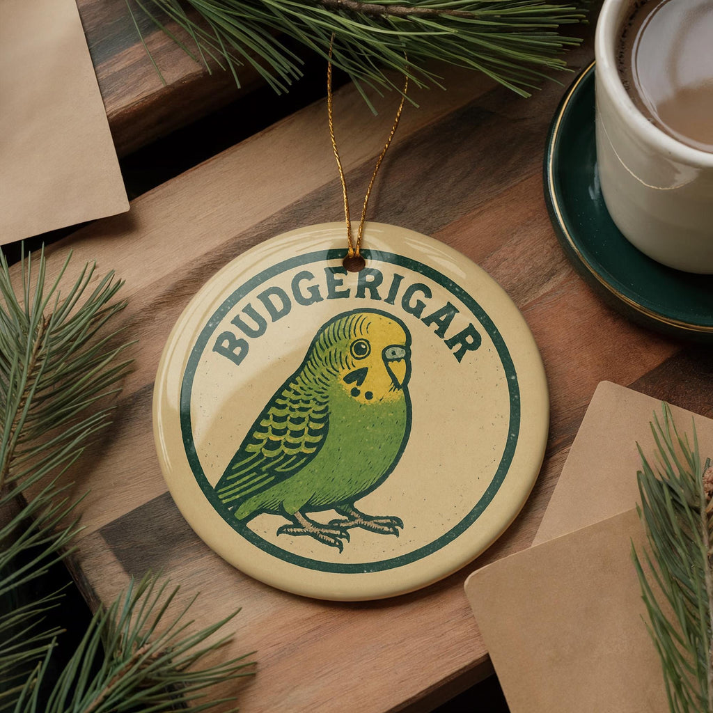 Budgerigar Ceramic Ornament – Circular Stamp Style Bird Art, Parakeet Christmas Tree Decor, Handcrafted Animal Keepsake — photo 2