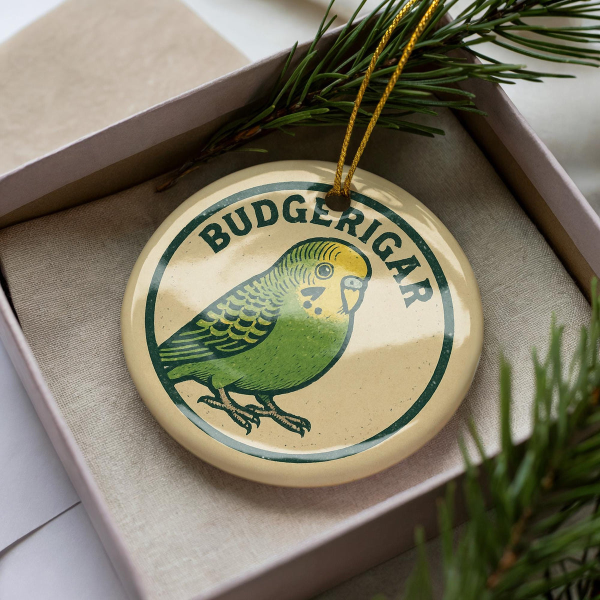 Budgerigar Ceramic Ornament – Circular Stamp Style Bird Art, Parakeet Christmas Tree Decor, Handcrafted Animal Keepsake — photo 3