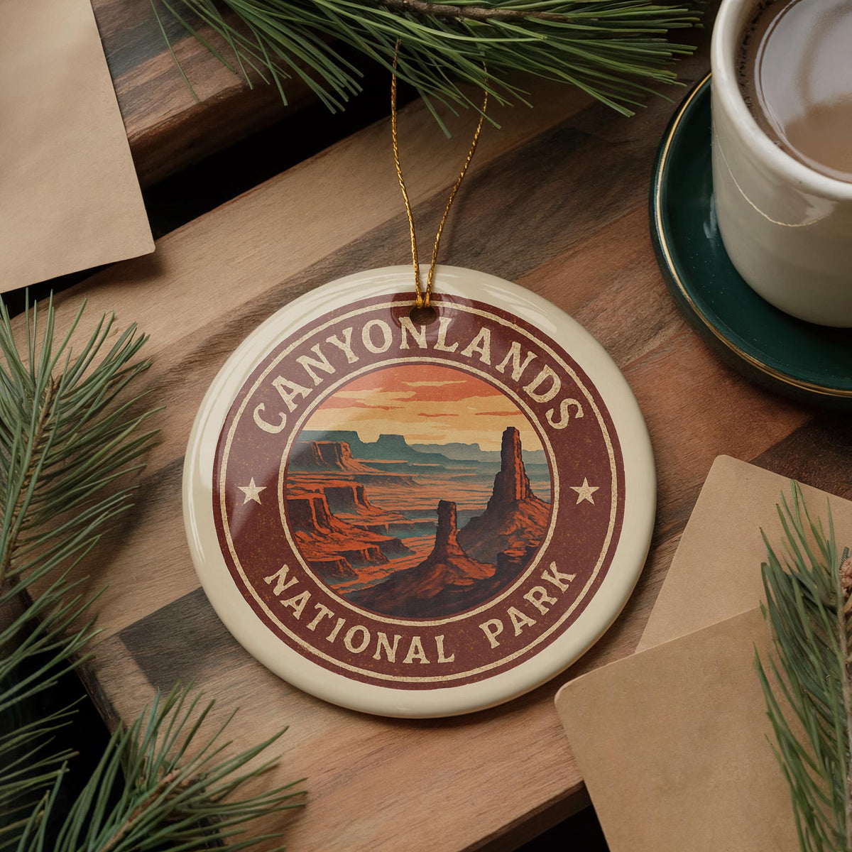 Canyonlands National Park Ornament – Circular Stamp Style Ceramic Keepsake, Nature Gift, Rustic Travel Souvenir Decor — photo 3