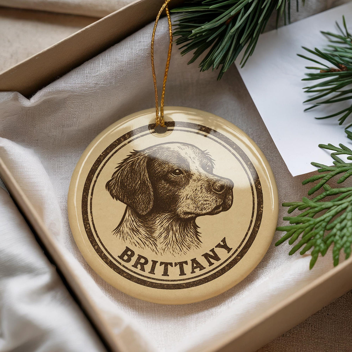 Brittany Dog Ceramic Ornament – Circular Stamp Style Pet Lover Gift, Rustic Dog Breed Holiday Decor, Handmade Keepsake — photo 1