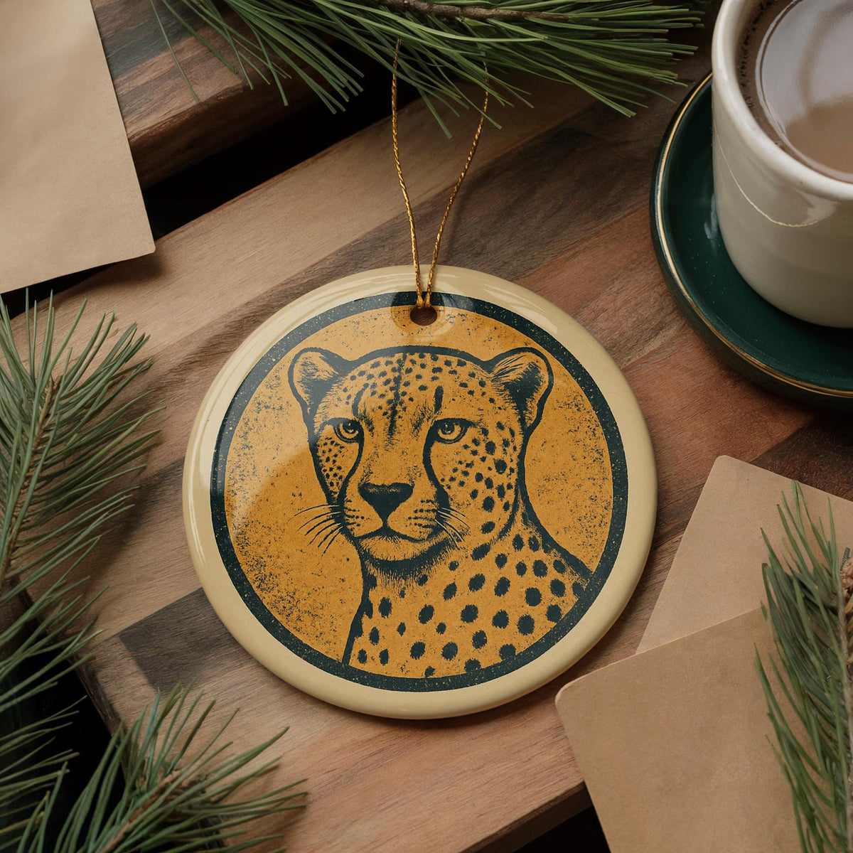 Cheetah Ceramic Ornament – Round Animal Print Wall Art, Safari Wildlife Decor, Handcrafted Circle Stamp Design Gift — photo 3