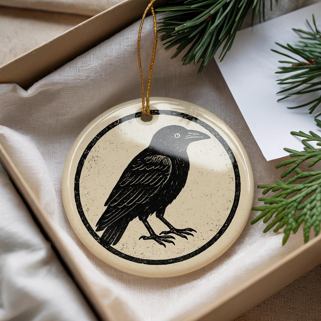 Crow Ceramic Ornament – Circular Stamp Style Gothic Raven Art, Black Bird Hanging Decor, Spooky Halloween Tree Decoration — photo 1