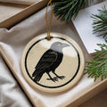 Crow Ceramic Ornament – Circular Stamp Style Gothic Raven Art, Black Bird Hanging Decor, Spooky Halloween Tree Decoration — photo 1