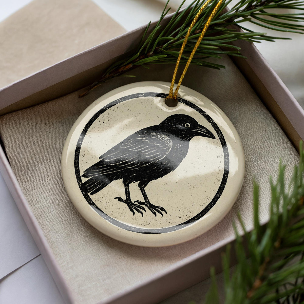 Crow Ceramic Ornament – Circular Stamp Style Gothic Raven Art, Black Bird Hanging Decor, Spooky Halloween Tree Decoration — photo 2