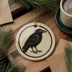 Crow Ceramic Ornament – Circular Stamp Style Gothic Raven Art, Black Bird Hanging Decor, Spooky Halloween Tree Decoration — photo 3