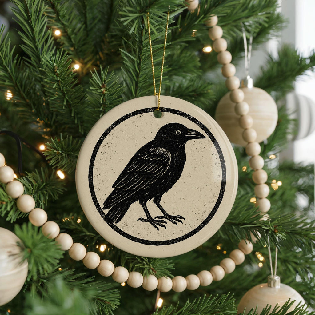 Crow Ceramic Ornament – Circular Stamp Style Gothic Raven Art, Black Bird Hanging Decor, Spooky Halloween Tree Decoration — photo 4