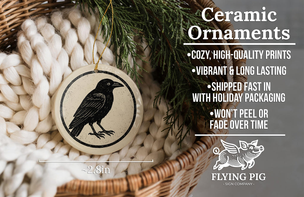 Crow Ceramic Ornament – Circular Stamp Style Gothic Raven Art, Black Bird Hanging Decor, Spooky Halloween Tree Decoration — photo 6