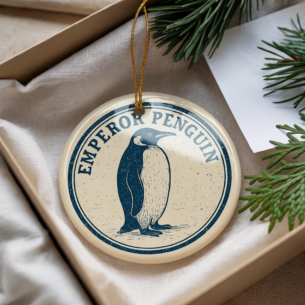 Emperor Penguin Ceramic Ornament – Circular Stamp Style Holiday Decor, Arctic Bird Christmas Tree Hanging Gift — photo 1
