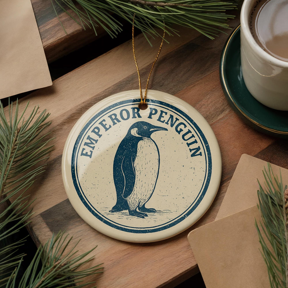 Emperor Penguin Ceramic Ornament – Circular Stamp Style Holiday Decor, Arctic Bird Christmas Tree Hanging Gift — photo 2
